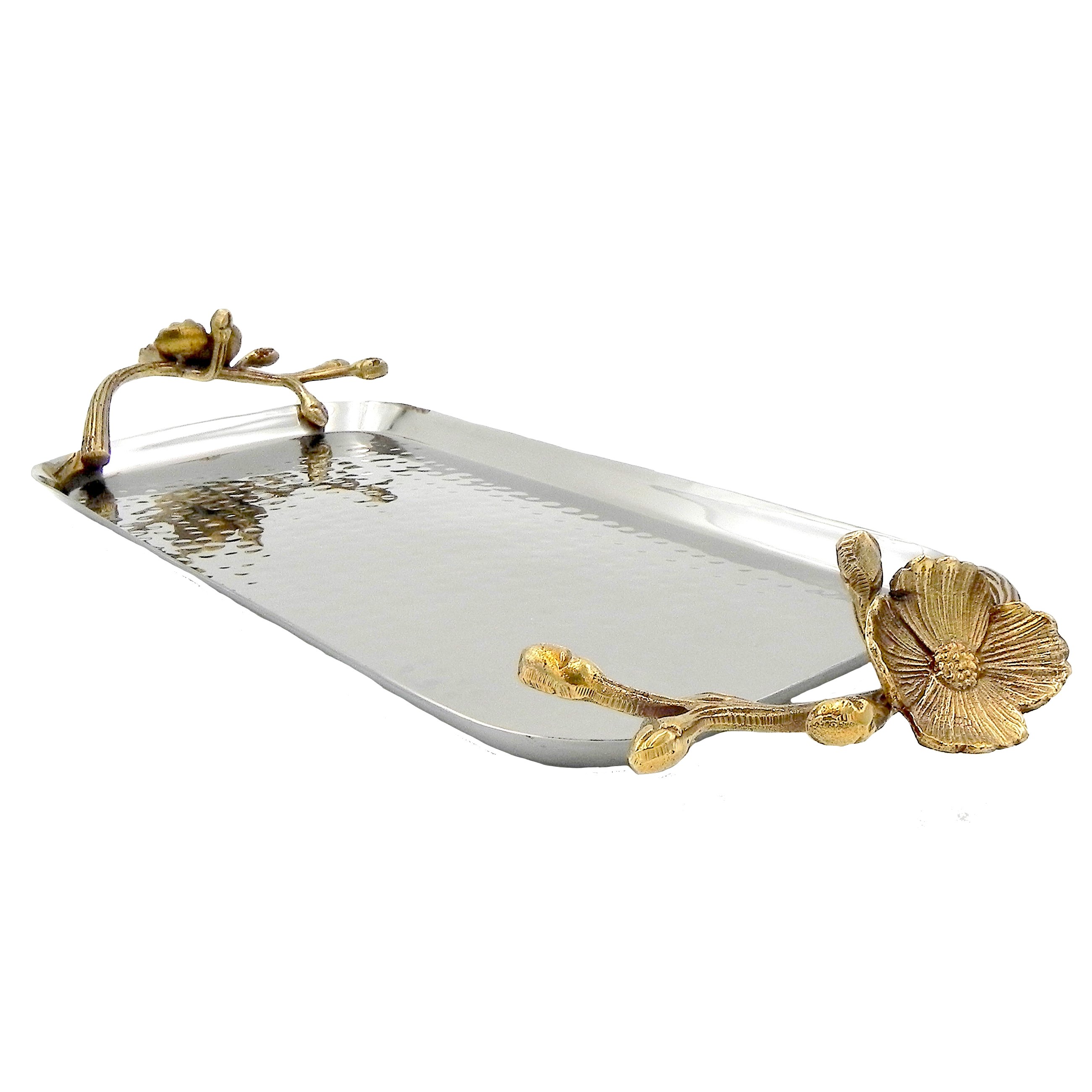 Antique Gilded Texture Hammered Rectangle Metal Decorative Bar/Vanity/Serving Tray with Handles — 10 Inches Red Co