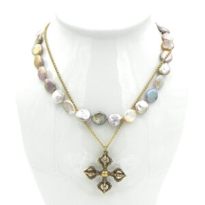 Flat Freshwater Pearls Offset by Gold-Tone Double Dorje