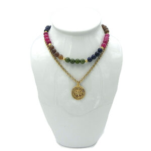 Double-Strand of Semi-Precious stones with Gold-Tone Necklace and Pendant