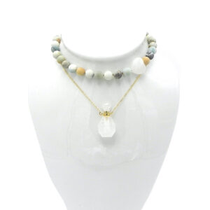 Crystal Perfume Bottle on a Double-Strand of Gold-Tone Chain and Amazonite Stones