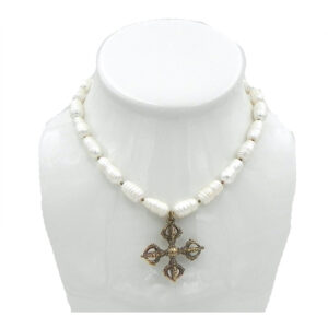 Double Dorje Double Pearls Medallion Necklace-Gold Finish