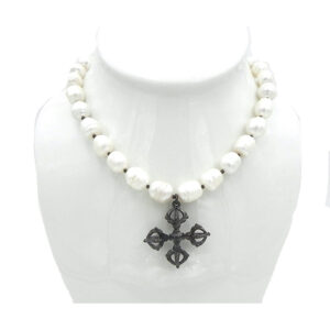 Double Dorje Double Pearls Medallion Necklace - Black Finish