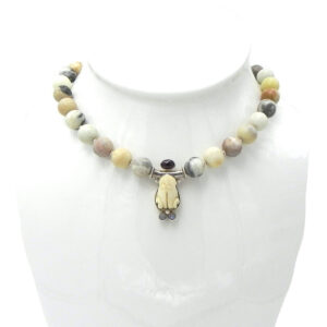 Picasso Jasper Chain with Whimsical Little Frog of Horn, Ruby and Moonstone