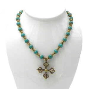Brass and Turquoise Chain with Double Dorje Brass Pendant