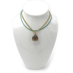 Strand of Green Crystals Surrounds a Gold Tone Chain with a Heart Motif Pendant with a Brilliant Green Stone