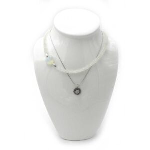A Starburst of Moonstone Bursts Forth on a Mixed Metal Chain surrounded by Irridescent Beads and a Heart of Stone