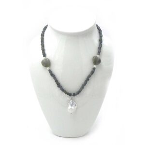A Chain of Sea Glass with Hearts of Stone and Pearl Accents with A Large Baroque Pendant