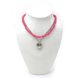 Peony Stone Beads with Mixed Metal Chain and A Sterling Silver Puffed Heart