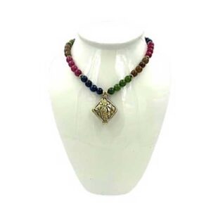 Bohemian Colorblock Dyed Stone Necklace with Brass Pendant