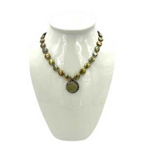 Artisan Coin Pearl & Brass and Stone Pendant Necklace